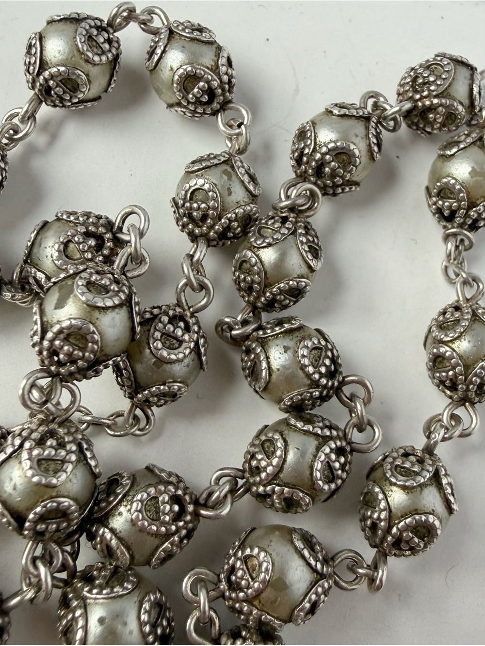 Vintage Sterling Silver Rosary Capped Faux Pearls Jesus Sacred Heart AS IS FLAWS - Picture 10 of 11